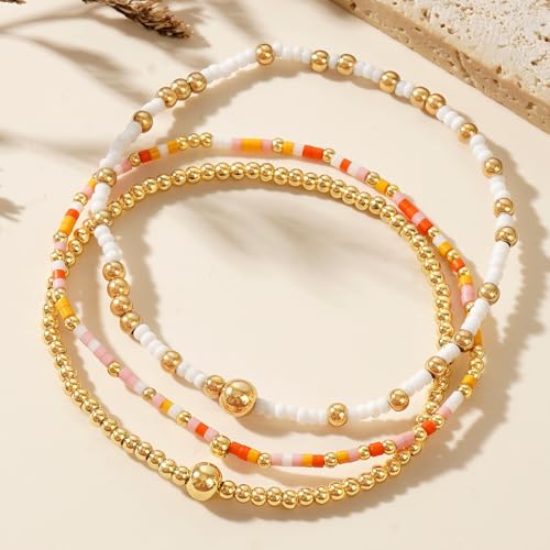 Gold Beaded Bracelets Stack for Women, 3PCS Colorful Bohemian Stackable Layered Adjustable Stretch Non-Tarnish Seed Beads Bracelet Set, Dainty Jewelry Fall Fashion Accessory Friendship Gift3