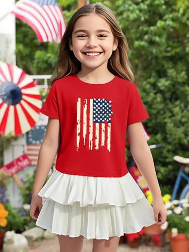 Image of VVNTY Girls American Flag Crop Tops Kids USA Crop Shirt Patriotic 4th of July Tops 5-14 Years