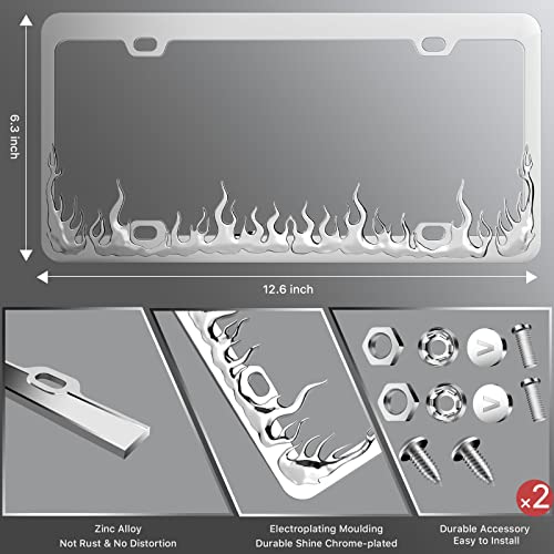 Valor Premium Durable Shine Chrome Car License Plate Frames, Applicable To Standard Us License Plate Cover, 4 Holes Rust-Proof Weather-Proof Zinc Alloy Frame With Anti Theft Screw Caps (Silver Flame) #TOP4