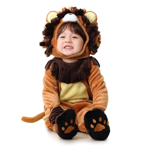 KUKIKUKI Halloween bebé disfarces leão menino fato crianças vaca cosplay peluche conjunto com luvas calçado chapéu Dress Up Party (LEON, 90)