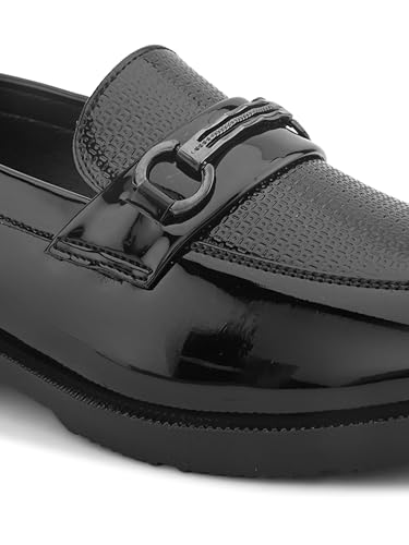 Image of STANPHORD Men Glossy Horsebit Loafer Shoes | Shiny PU Slip-On Moccasins | Cushioned Anti-Slip | Office Formal Party Business Wear(TPSL 25013)