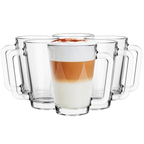 Glasmark KROSNO, 250ml, Set von 6, Gläser set, Glasbecher, Trinkgläser aus Glas mit Henkel, farbiges Ohr, Trink-Glas, Tasse, Glasbecher mit Hörer, Spülmaschinenfest