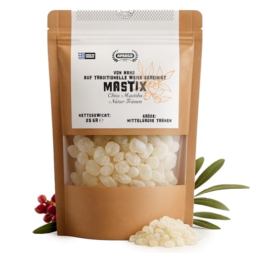 Apsogo Mastix Tränen aus Chios - Natürliches Mastic Gum Harz - Griechisches Mastixharz - Mittlere Tränen - 25g Mastix Kaugummi