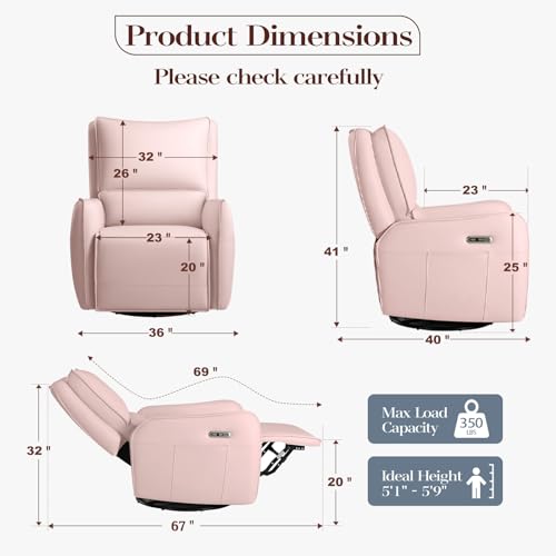 Image of Power Recliner Gliders for Nursery, Electric Swivel Rocker Recliner Chair, Comfy Upholstered Living Room Reclining Rocking Chairs with Lumbar Support (Pink, 41 inch X 40 inch X 36 inch)