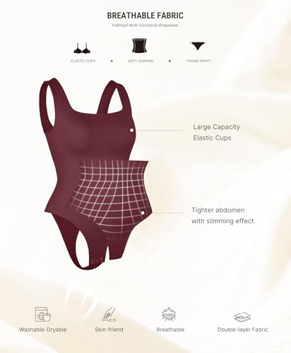 Image of FeelinGirl Bodysuits for Women Seamless Square Neck Tummy Control Compression Thong Shapewear Bodysuit Tank Tops Bodysuit