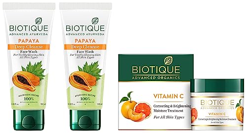 Image of Biotique Papaya Deep Cleanse Face Wash For Visibly Glowing Skin All Skin Types 2x100ml & Biotique Vitamin C Correcting and Brightening Non Greasy Face Cream for All Skin Types, 50g