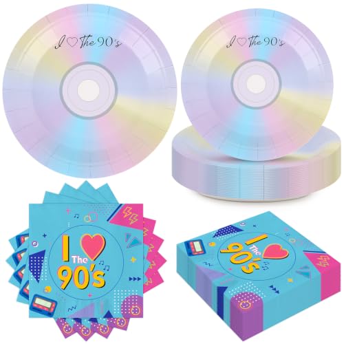 Atiloy 50Pcs 90's Party Paper Plates and Napkins for 90's Dessert Plates 1990 Theme Decoration 90s Tableware Set for Back to The 90s Birthday Party Supplies, Serves 25