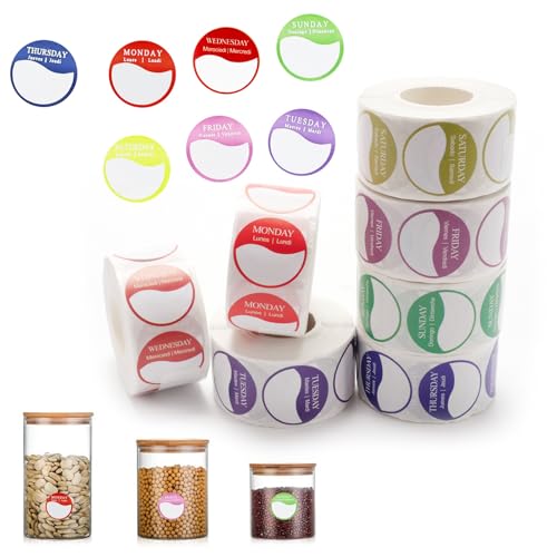 BERRYLION - Calcomanías de días de la semana, 7 rollos de 3500 etiquetas de alimentos, etiquetas circulares de día de semana completa, etiquetas de alimentos con puntos de día, calcomanías de 7 días