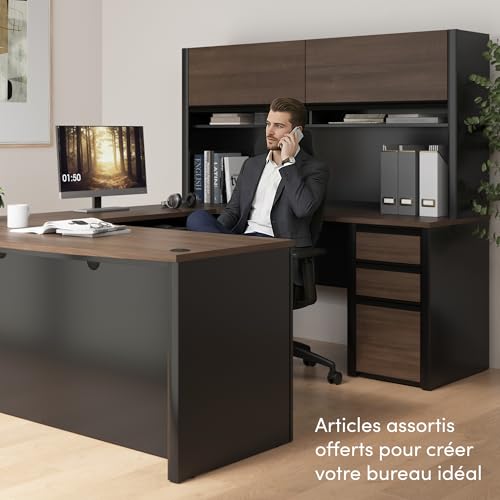 Image of Bestar L Shaped Desk with Drawers, Hutch, and Keyboard Tray, Executive Workstation for Home or Professional Office, 72 Inches, Connexion Collection, Antigua and Black