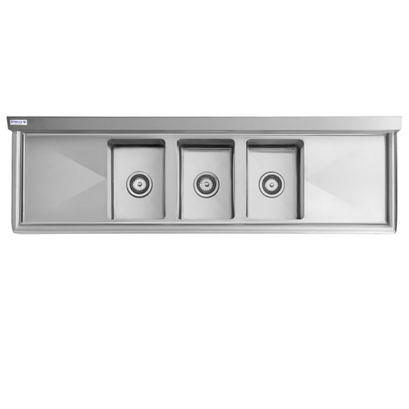 Image of Empura 98 inch Wide Stainless Steel Three Compartment Commercial Sink | Utility 10 inch x 14 inch Bowl for Restaurant Laundry Garage | (2) 12 inch Drainboard, 9.75 inch Backsplash, 98 inchW x 29.5 inchD x 44.25 inchH, 16 Gauge, NSF