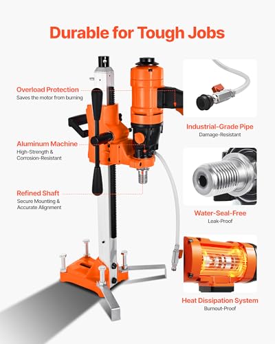 Image of VEVOR Diamond Core Drilling Machine, 8 in Drilling Diameter, 2-in-1 Handheld & Stand-Mount Dry and Wet Concrete Core Drill Rig with 4 Drill Bits, 1075 /2300 RPM 2-Speed, for Concrete Brick Stone, 1800W