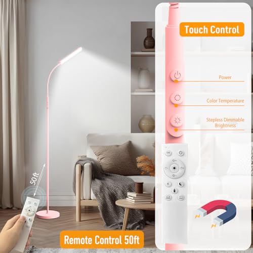 Image of marctronic Pink LED Floor Lamp, 18W 1800LM Bright Floor Lamp with Remote & Works with Smart Plug, Dimmable Timing Eye Caring Reading Light Modern Standing Floor Lamps for Living Room Bedroom Office