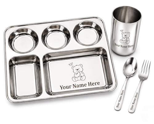 Image of SAVRI Personalized Stainless Steel Meal Set - Customized Five-Compartment Thali Plate with Child Name & Favorite Cartoon Character Engraved - Ideal Dinner Set for Kids, Return Gifts & Birthday