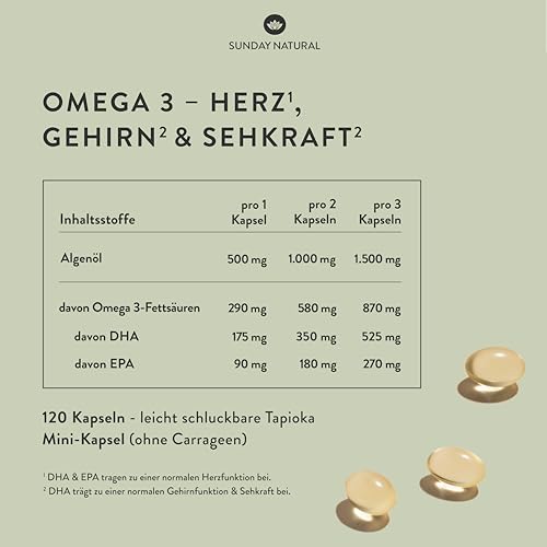 SUNDAY NATURAL® Omega 3 Vegan - 120 Softgel Kapseln - 1.000 mg Algenöl pro Tagesdosis: 350 mg DHA und 180 mg EPA (2 kapseln) - Leicht schluckbare Omega 3 Kapseln - Laborgeprüft