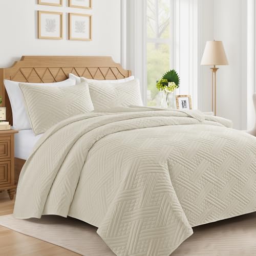 Lavsiry Beige Quilt Queen Size with Striped Pattern, Lightweight Soft Summer Thin Microfiber Bedspread & Coverlet Bedding Set for All Seasons - 3 Piece(1 Quilt, 2 Pillow Shams)