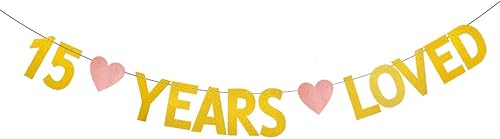 Miniatura 1 de XIAOLUOLY - Cartel dorado con purpurina de 15 años amado, pre-encordado, decoración de fiesta de cumpleaños 15/aniversario de boda, telón de fondo,