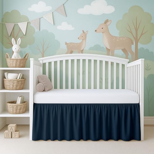 Image of Cottignton Lane Ruffled Crib Bed Skirt, Soft Nursery Bedding in 100% Natural Cotton, Platform Style with 4-Sided Coverage & Split Corners - Fits Standard Cribs 28 inch x 52 inch with 14 inch Drop, Navy Blue