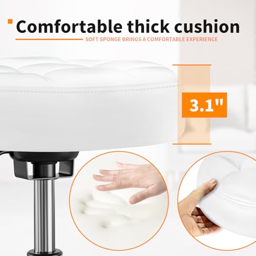 Image of Rolling Stool PU Leather Round - Ultra Soft Padded Seat Cushion Stool with Wheels with Footrest, Weight Capacity 300lb,Adjustable Height Stool for Tattoo Massage Salon Medical Spa Center (White)