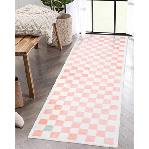 Wonnitar Washable Pink 2x6 Bathroom Rug Runner, Modern Long Kitchen Carpet Runner with Rubber Backing, Checkered Boho Low Pile Non-Shedding Soft Throw Mat for Laundry Bedroom Hallway (Pink,2'x6') Cover