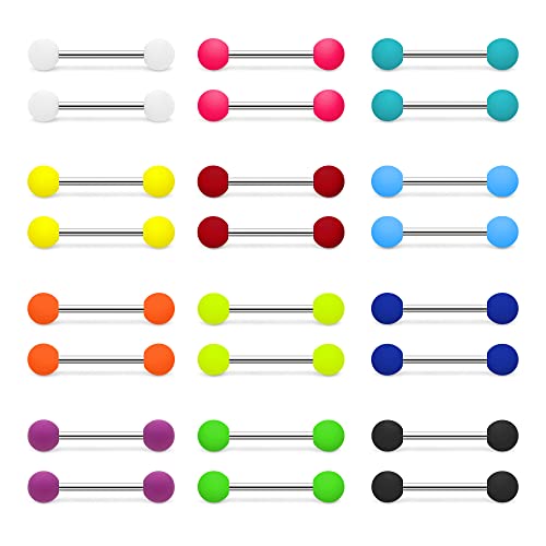 24PCS Acrylic Tongue Rings Plastic Rubber Nipple Rings Neon Colorful Pink White Green Yellow Black Orange Teal Matte Balls Sexy Barbell Piercing Jewelry For Women Men 14G