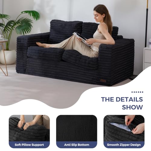 Image of MAXYOYO Loveseat Sofa Couch, Upholstered Bean Bag Chair Cloud Seat for Adults, Boneless Couch with Cushion & Pillows, Sofa in A Box, No Assembly Required, Faux Fur Black