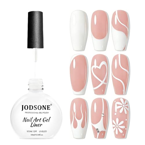 JODSONE White Swirl Nail Art Liner Gel Polish 10ml Classic Color 3D Nail Art Pens Effect Nail Print Design with Thin Brush for French Tips Manicure Painting DIY at Home - LB02