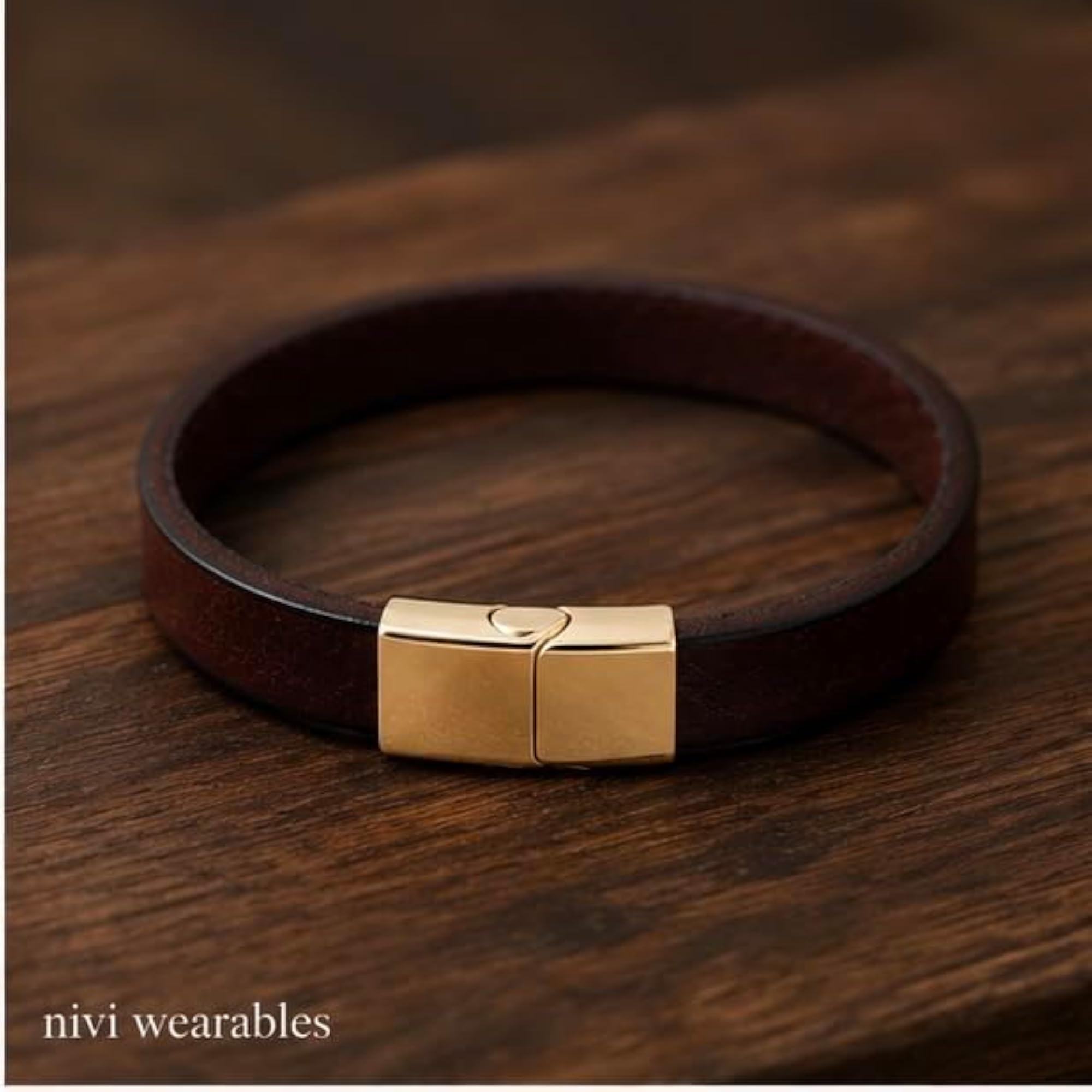 Brown Leather Bracelet with Gold-Tone Magnetic Clasp