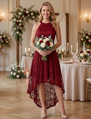 Image of Dressystar Women Halter Lace Wedding Guest Dress Hi-Lo Cocktail Party Bridesmaid Formal Dresses