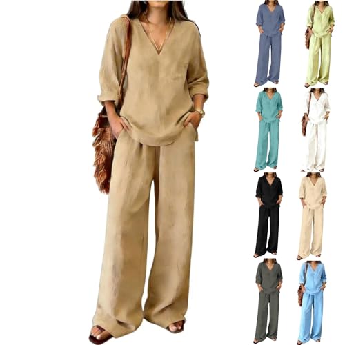Linen Sets For Women 2 Piece Linen Sets For Women 2 Piece 2026 Casual Long Sleeve V Neck Shirts Matching Wide Leg Lounge Pants Beach Vacation Outfits Beige Large
