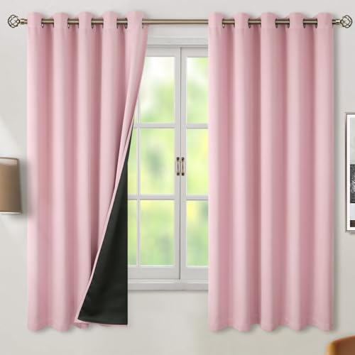 BGment Baby Pink 100% Blackout Curtains for Nursery Bedroom 63 Inch Length 2 Panels, Thermal Insulated Full Light Blocking Grommet Noise Cancelling Window Curtains for Girls Room, 60 Inch Wide Each