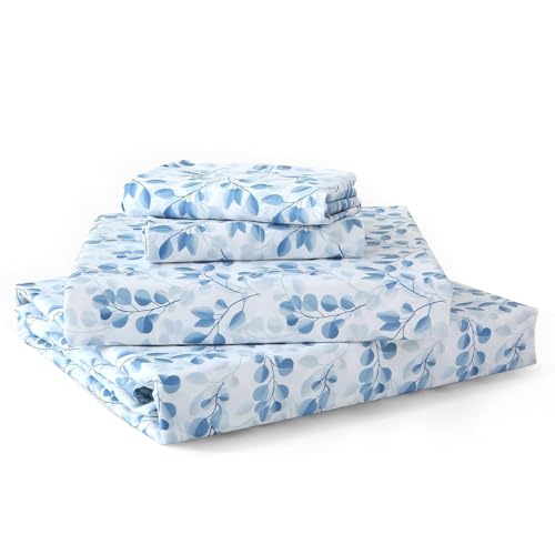 Image of MUXHOMO King Size 4 Piece Sheet Set, Soft Breathable Bed Sheet Set for Bedroom with Deep Pocket Up to 16 inch, Wrinkle-Free & Cooling Bedding for Oeko-TEX Certified - Blue Leaves