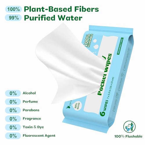 Spülbare Feuchttücher Reisegröße – Mini, Plastikfrei & Unparfümiert, Feuchtes Toilettenpapier für unterwegs mit 99% Wasser, Hypoallergen für Empfindliche Haut, Taschenformat, 48 Stück (8 Packungen) 3