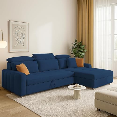 Image of Casaliving Gagnon RHS 4 Seater L Shape Corner Sofa Cum Bed for Living Room (Blue Fabric) Premium Fabric Sofa Cum Bed