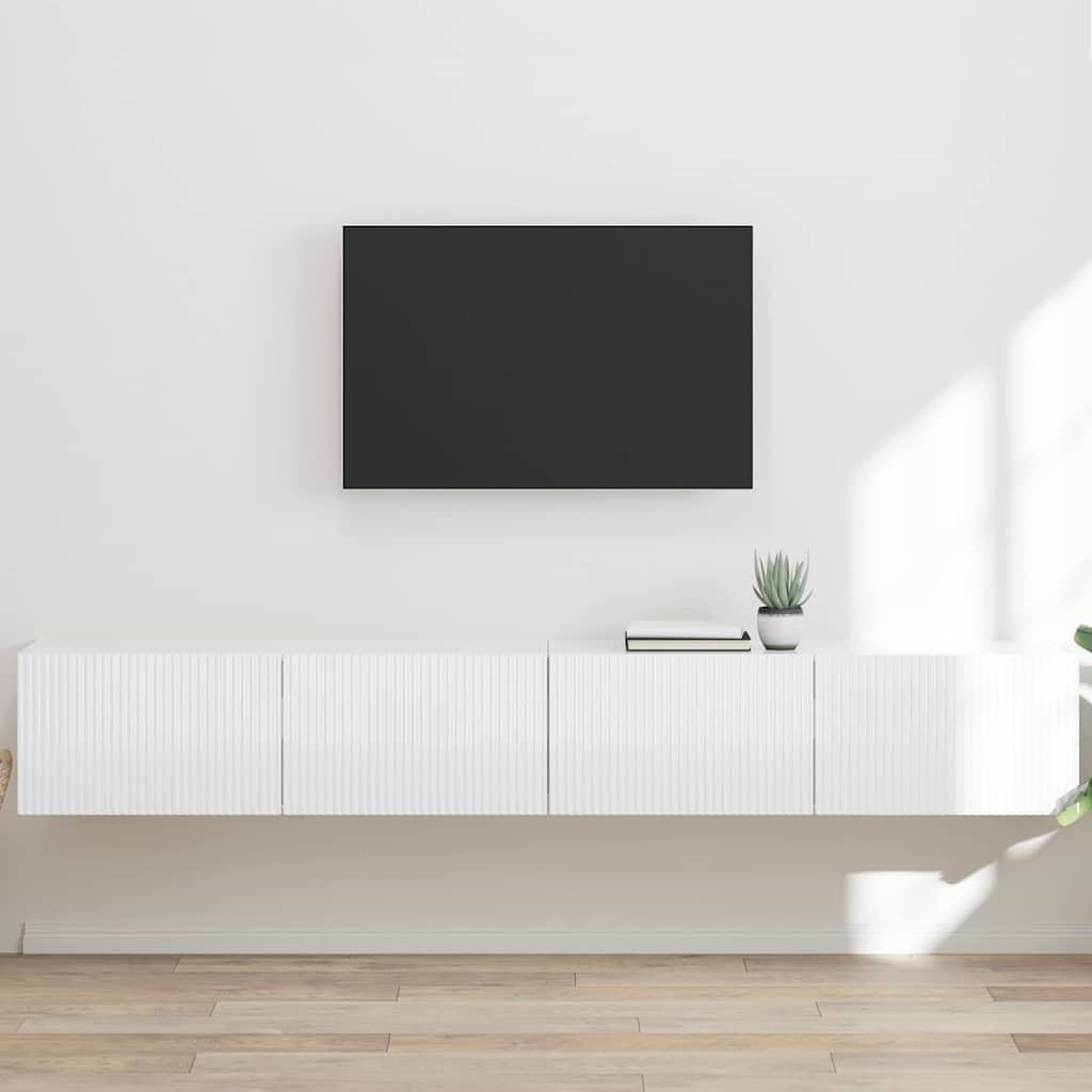 Meuble TV mural blanc brillant pour gagner de la place et ranger le salon