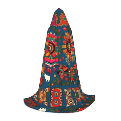 Cape à capuche longue imprimé folklorique mexicain pour Halloween et déguisement bohème