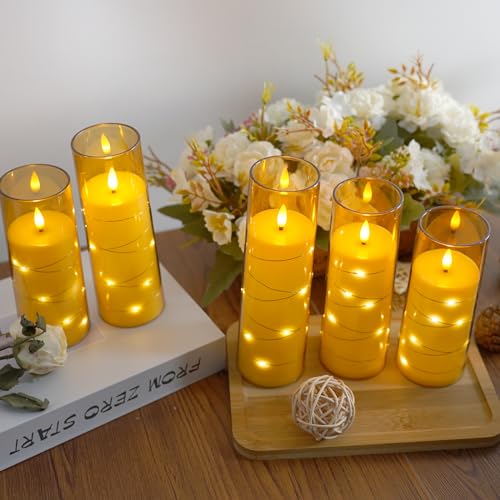 Image of Flameless Candles,with Embedded Star String, Battery Operated Candles Flickering LED Pillar Candles with Remote Control and Timer, Home Decoration Add a Warm and Romantic Atmosphere,Set of 7 (Gold)