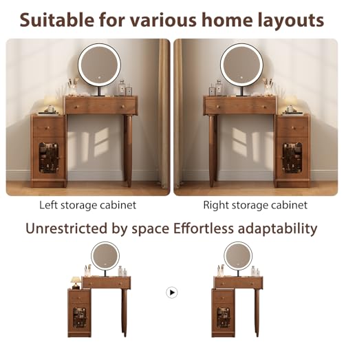 Image of Luxury 100% Solid Wood Vanity Desk with Mirror, Mid-Century Modern Makeup Table with Glass Top & Ambient Light, 2-in-1 Vanity and Nightstand with Storage Cabinet for Bedroom (Desk & Mirror)