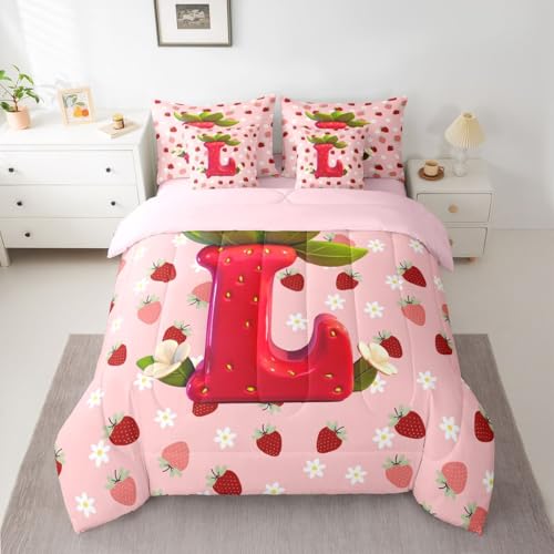 Image of Feelyou Girls Pink Red Strawberry Comforter Set Queen Size 7 Pieces Initial Letter L Bedding Set Kids Boys Girls Princess Strawberry Bed in a Bag with Comforter, Sheets, Pillowcases, Cushion Covers
