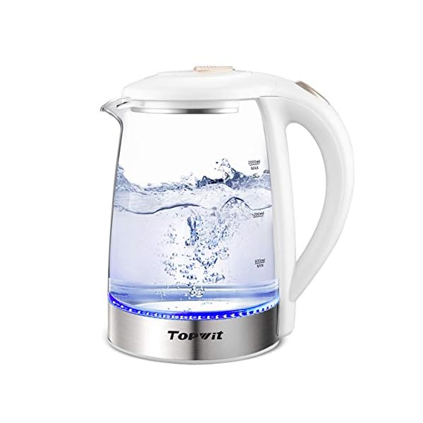 Topwit Electric Kettle Glass Electric Tea Kettle, 2L BPA-Free Hot Water kettle, Stainless Steel Inner Lid and Bottom Water Warmer, Fast Heating with Auto Shut-Off and Boil Dry Protection, White