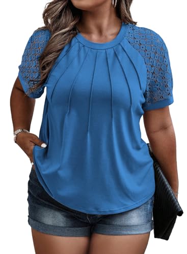 Image of Eytino Plus Size Tops for Women Summer Lace Short Sleeve Crewneck Loose Casual Blouse Tunic T Shirts(1X-5X)