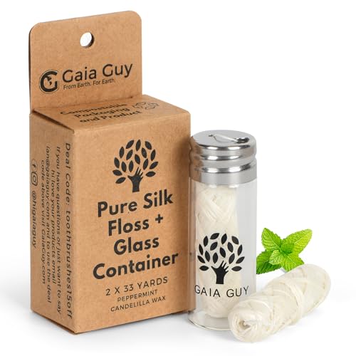 Natural Silk Dental Floss with Refillable Glass Container | Free Refill | Natural Candelilla Wax | 33yds x 2 | Peppermint | Eco-Friendly Zero Waste Oral Care (Peppermint)