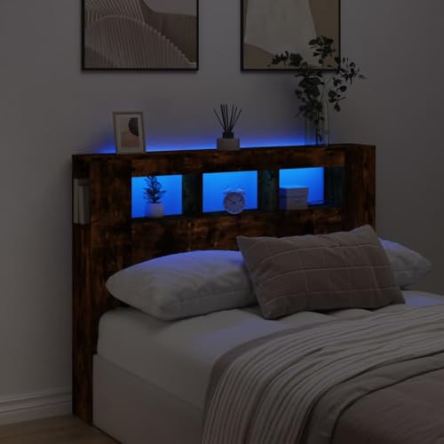 Hovothy Tête de lit LED - Tête de lit moderne avec lumières LED RVB - Excellent soutien - Meuble pour chambre à coucher - Design élégant - Chêne fumé -...