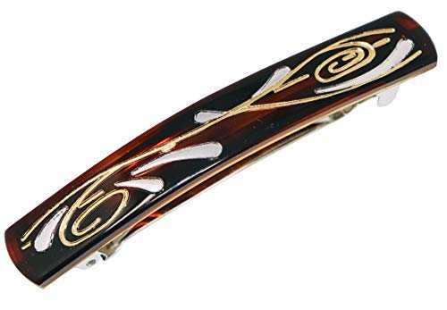 Parcelona French Engraved Swirls Golden Tortoise Shell Brown Large 3 ¼” Celluloid Acetate Automatic Hair Clip Barrette for Women and Girls
