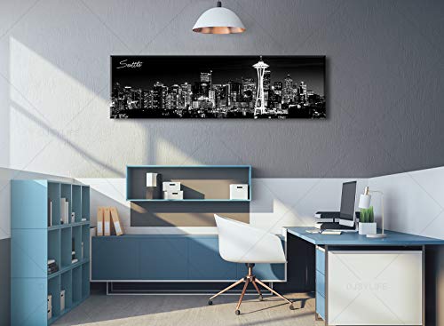 Image of Seattle City Skyline Wall Art Black and White Canvas Prints Panorama Cityscape Picture Night View Painting Poster Modern Artwork Home Decor for Office Living Room - Ready to Hang 13.8 inch x 47.3 inch