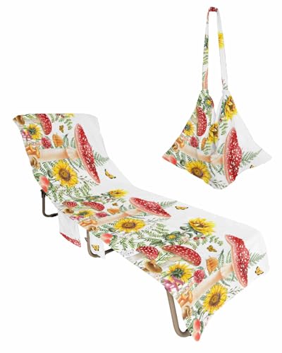Mushrooms Beach Lounge Chair Towel Cover, Soft Chaise Lounge Towel with Side Pockets Patio Pool Chairs Cover for Beach/Pool Sunbathing 29x85 Sunflowers Summer Botanical Spring Floral