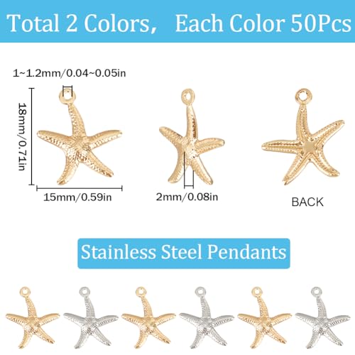 SUNNYCLUE 1 Box 100Pcs Starfish Charms Ocean Charm Bulk Stainless Steel Starfish Silver Real 24K Gold Plated for jewellery Making Supplies DIY Crafting Necklace Bracelet Earring - Image 2