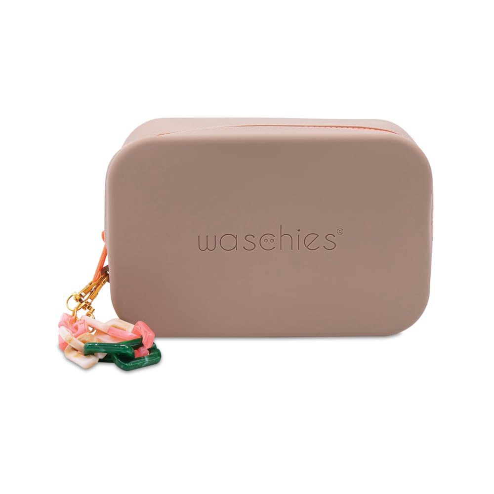 waschies Travel Bag, Cosmetic Bag Made of Soft Elastic Silicone with Zip, Storage for 3 Make-Up / Wash Pads, Cosmetics, Hygienic Items, Toiletry Bag for Our Way, brown, 20 x 13 x 8 cm, Toiletry bag