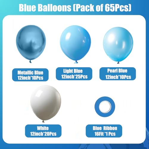 Image of Blue and White Balloons,65pcs 12inch Different Shades Blue Balloon Pack | Light Blue,Metallic Blue, Pearl Blue, Matte White, Boys Birthday Bachelorette Party Graduation Bridal Baby Shower Decorations