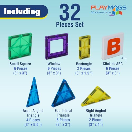 Playmags 32 + 6 Piece Junior Set: Now with Stronger Magnets, Sturdy, Super Durable with Vivid Clear Color Tiles. 6 Piece Clickins Accessories to Enhance Your Creativity