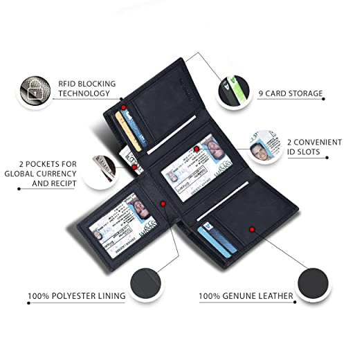 Image of Real Leather Mens Trifold Wallet RFID Blocking Slim Minimalist Front Pocket - Thin & Stylish with ID Window in Gift Box, Vintage Black, Trifold